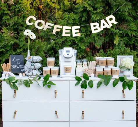 Morning Brunch Type-of-Party Bridal Shower Coffee Bar Drink Stations, Coffee Bar Ideas For Grad Party, Classy Brunch Decor, Engagement Party Coffee Bar, Coffee Bar Birthday Party Ideas, Bridal Shower Brunch Coffee Bar, Coffee Bar Birthday Party, Morning Graduation Party Ideas, Grad Party Coffee Bar