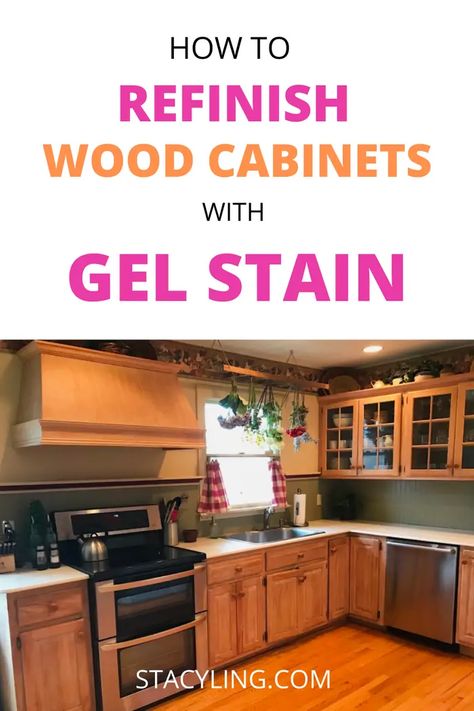 Everything you NEED TO KNOW about refinishing wood cabinets with gel stain. You won't believe what my cabinets looked like before. Wait until you see how easy it is to gel stain kitchen cabinets. #DIYprojectideas #kitchenrenovation #stainingcabinets #kitchenremodelideas #remodelingthekitchen #farmhousekitchen #farmhousekitchenrenovation #modernfarmhousestyle #modernfarmhouse #fixerupper #renovatingthekitchen #generalfinishesgelstain #howtoapplygelstain #diyhomedecor #Homedecorating Restaining Kitchen Cabinets, Gel Stain Kitchen Cabinets, Gel Staining Cabinets, Painting Wood Cabinets, Orange Cabinets, Chalk Paint Kitchen Cabinets, Replacing Cabinets, Chalk Paint Kitchen, Stained Kitchen Cabinets