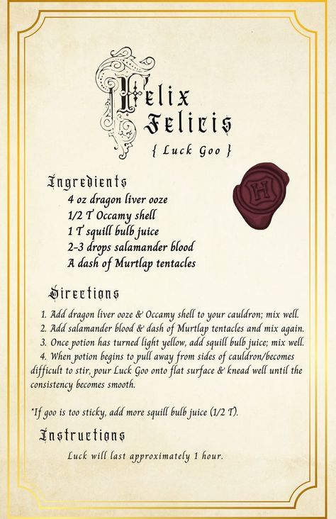 Harry Potter Felix Felicis Recipe, All Harry Potter Potions List, Harry Potter Potion Book Pages, Harry Potter Potions Felix Felicis, Harry Potter Potion Ingredients List, Dragon Egg Harry Potter, Amortentia Potion Recipe, Potion Ingredients Harry Potter, Potions Book Harry Potter