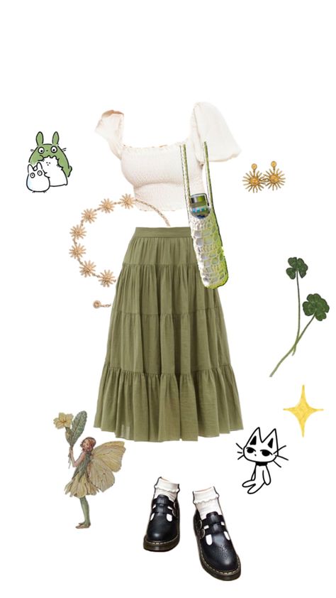 Green Fairycore Aesthetic, Green Maxi Skirt Outfit, Aesthetic Maxi Skirt, Green Fairycore, Fairycore Aesthetic Outfits, Long Skirt Aesthetic, Green Skirt Outfits, Maxi Skirt Outfit Summer, Fairycore Outfit