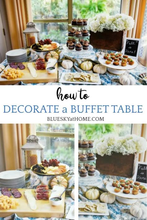 How to Decorate a Buffet Table for a Casual Fall Party - Bluesky at Home Decorate Table For Party, Fall Food Table Display, Buffet Table Ideas Decor Party Planning, Buffet Table Set Up At Home, How To Set Up A Buffet Table, Party Buffet Table Decor, Decorate Buffet Table, Decorate A Buffet Table, How To Decorate A Buffet Table