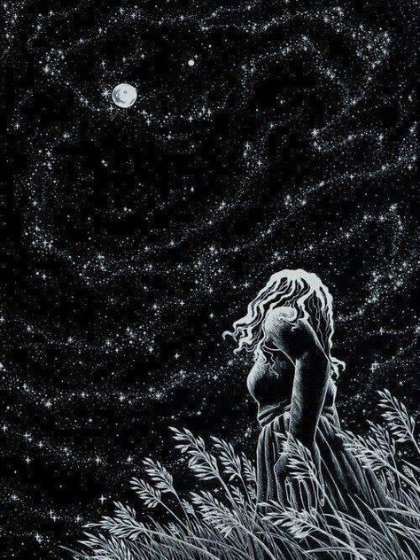 Girl standing in a field looking up at the Moon art Art Et Illustration, Wow Art, Art And Illustration, 판타지 아트, The Night Sky, Moon Art, Black Paper, Pics Art, Anime Boys