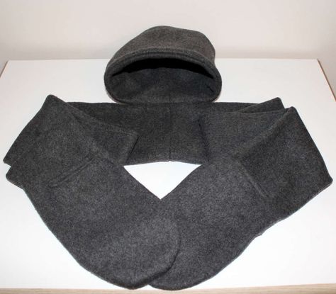 4-in-1 Hat, Scarf, Fingerless Gloves & Mitten Pocket Combo Diy Hooded Scarf, Hooded Scarf Pattern, Fleece Projects, Clothing Projects, Sewing Fleece, Diy Scarf, Small Sewing Projects, Hooded Scarf, Handmade Scarves