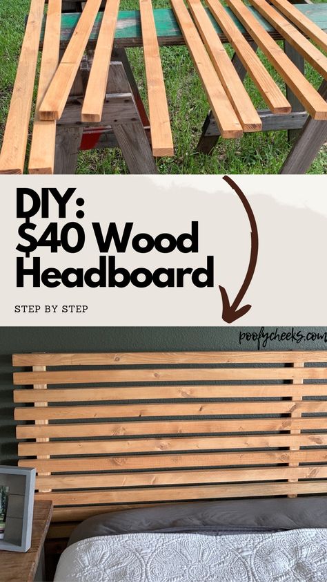 Check out my latest DIY project! I made a beautiful wooden slat headboard for only $40. It was super easy to make and adds a cozy, rustic touch to my bedroom. I love how it turned out and can't wait to share it with you all! Wood Slat Headboard Bedroom, Full Bed Headboard Diy, Easy Diy Queen Headboard, Slatted Headboard With Shelves, Camper Headboard Remodel, Slate Wood Headboard Diy, Diy Simple Headboard Ideas, Simple Wood Headboard Diy, Homemade Queen Headboard