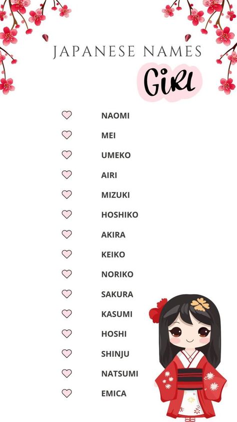 Printable Lists Of Japanese Names for Girls Cute Names In Japanese, Common Japanese Names, Names For Girls Unique Japanese, Japanese Name Ideas Girl, Beautiful Japanese Girl Names, Japanese Name For Girl, Unique Names For Girls With Meaning, Asian Last Names, Cool Japanese Names