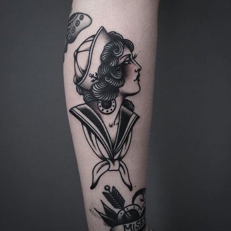 21inkedd | Sailor Girl Tattoo by Tony Nilsson #SailorGirl #traditional #classictattoos #TonyNilsson | Tattoodo Sailor Girl Tattoo, Marine Tattoos, Traditional Sailor Tattoos, Navy Tattoos, Japanese Legs, Sailor Tattoos, Pin Up Girl Tattoo, Nurse Tattoo, Sailor Tattoo