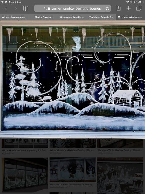 Snowy Window Display, Painted Window Christmas Scenes, Winter Window Drawing Ideas, Holiday Window Painting Diy, How To Paint On Windows, Window Winter Painting, Winter Painted Windows, Winter Wonderland Window Painting, Snowman Window Painting