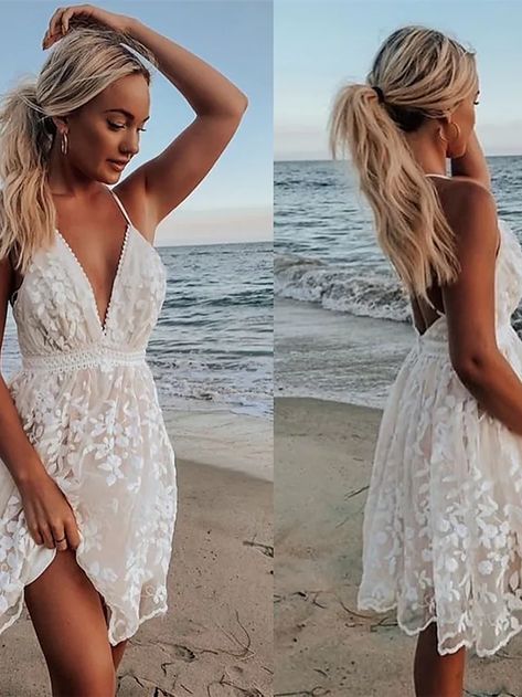 Lace Beach Dress, Bridal Shower Outfit, Low Back Dresses, Lace Summer Dresses, High Waist Dress, Backless Mini Dress, Lace Dress Long, Floral Lace Dress, Lace White Dress