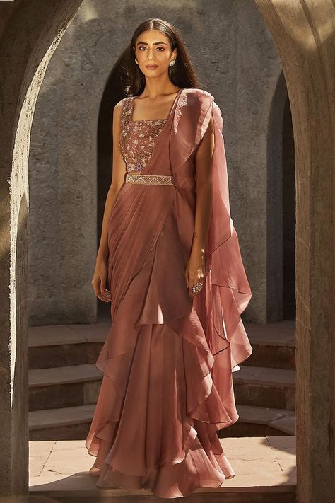 Buy #mauve pre-stitched #saree with #ruffle border. Comes with embroidered #blouse and belt by #RadhikaAndRaghav at #AzaFashions Shop online now at #Azafashions.com Call +12132135273 or email contactus@azafashions.com for enquiries. #wedding #festive #ethnic #tradional #shopping #shoponline #party #reception #bride Organza Embroidery, Stitched Saree, Ruffle Saree, Drape Saree, Indian Clothes, Blouse For Women, Purple Silk, Silk Organza, Saree With Blouse