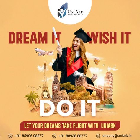 Let's plan out your dream to make it a reality with Uniark!!! Get the best advice and receive detailed consulting on pursuing your education abroad from our experts. Uniark is of the Leading Overseas Educational Consultants acknowledged for providing the best guidance and counselling to the students. Call us! 📲 A call can change your destiny! For enquiries visit : 🌐 www.uniark.in 📍 Ernakulam ☎ 0484-4027772, +91 8893888777 📍 Calicut: +91 9781888777 📍 Dubai: +971505613495 #Abroadstudy #Abroa Study Abroad Consultant, Overseas Education Creative Ads, Education Consultancy Poster, Study Abroad Social Media Post, College Poster Design, Study Abroad Creative Ads, Travel Advertising Design, Student Exchange Program, Instagram Grid Design