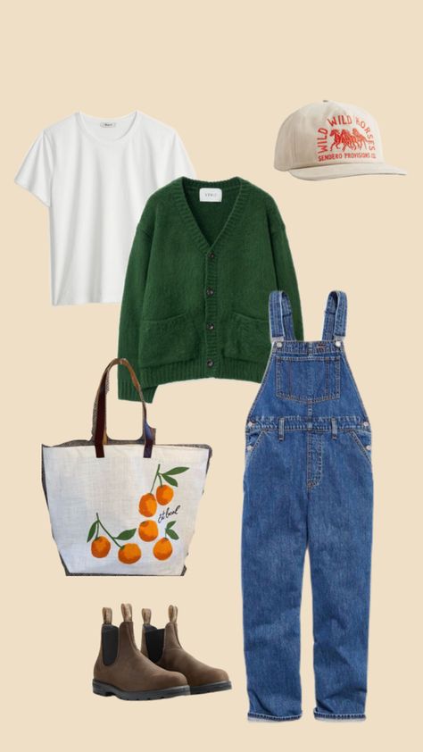 Fall outfits / overalls outfit / blundstones / green cardigan / green sweater / white tee / hat / sendero hat / tote bag / farmers market / Fall San Diego Outfits, Overalls And Sweater Outfit, Fall Farmers Market Outfit, Fall Outfits Overalls, Overall Outfit Fall, Fall Overalls Outfit, Fall Overall Outfits, Overalls Outfit Fall, Fall Farmers Market