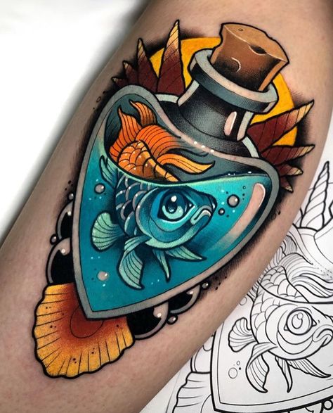 Neo Traditional Tattoos, Goldfish Tattoo, Tatuagem Masculina Pequena, Neo Tattoo, Bottle Tattoo, Traditional Tattoo Sleeve, Koi Tattoo, Traditional Tattoo Art, New School Tattoo