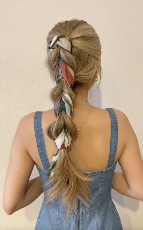 Hello everyone! My name is Michelle but I go by tokyoblondepasta on several of my social media pages. I love sharing beautiful hair hacks and tutorials. For this hairstyle you’ll need a silk scarf.Before we get started, be sure to follow me on my other social media pages!Click @tokyoblondepasta to follow me on Instagram!Follow me on TikTok @tokyoblondepasta Start by putting your hair in a half-up half-down ponytail and Braid With Silk Scarf, Silk Scarf Braid, Fall Hairstyle Ideas, Hair Scarf Braid, Ponytail Hairstyles High, Braid With Scarf, Scarf Braid, Braided Scarf, Holiday Hair