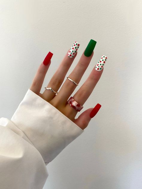 Christmas Nails Red - HurryDon't miss out these great products. Winter Nails2022, Pokadot Nails Christmas, Abstract Christmas Nail Art, Christmas Nails￼, Square Christmas Nail Designs, Christmas Nails Colorful, Christmas Nails Polka Dots, Christmas Present Nails Design, Simple Holiday Nail Designs