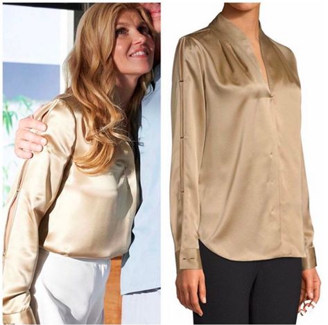 Debra Newell's Gold Split Sleeve Blouse https://www.bigblondehair.com/debra-newells-gold-split-sleeve-blouse/ Gold Blouse Outfit, Connie Britton, Open Sleeves, Split Sleeve, Gold Blouse, V Neck Shirt, Open Sleeve, Neutral Fashion, Blouse Outfit