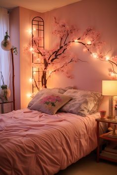 Cherry Blossom Inspiration Board, Marinette Inspired Room, Bedroom Cherry Blossom, Japanese Cherry Blossom Room Decor, Sakura Room Aesthetic, Cherry Blossom Room Ideas, Cherry Blossom House Decor, Cherry Blossom Bedroom Aesthetic, Cherry Blossom Room Aesthetic