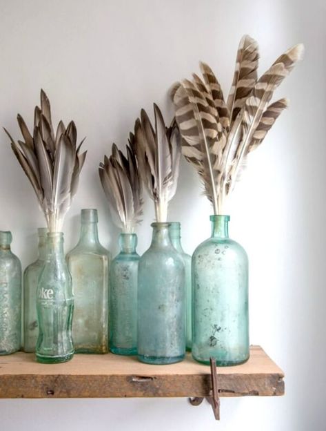 Feast Mode, Bottle Display, Feather Decor, Feather Crafts, Feather Art, Antique Bottles, Vintage Bottles, Deco Floral, Decoration Inspiration