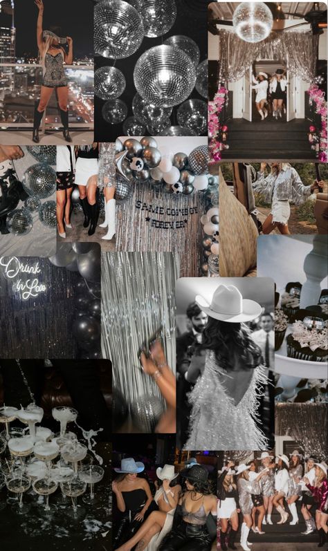 Glam 21st Birthday Party Ideas, Black And White Disco Bachelorette, Buchifresa Party Theme, Cowboy Glam Party, Rhinestone Cowboy Bachelorette, Rhinestone Rodeo Party, Bachelorette Party Silver, Hen Do Outfits For Bride, Bachelorette Party Cowboy Theme