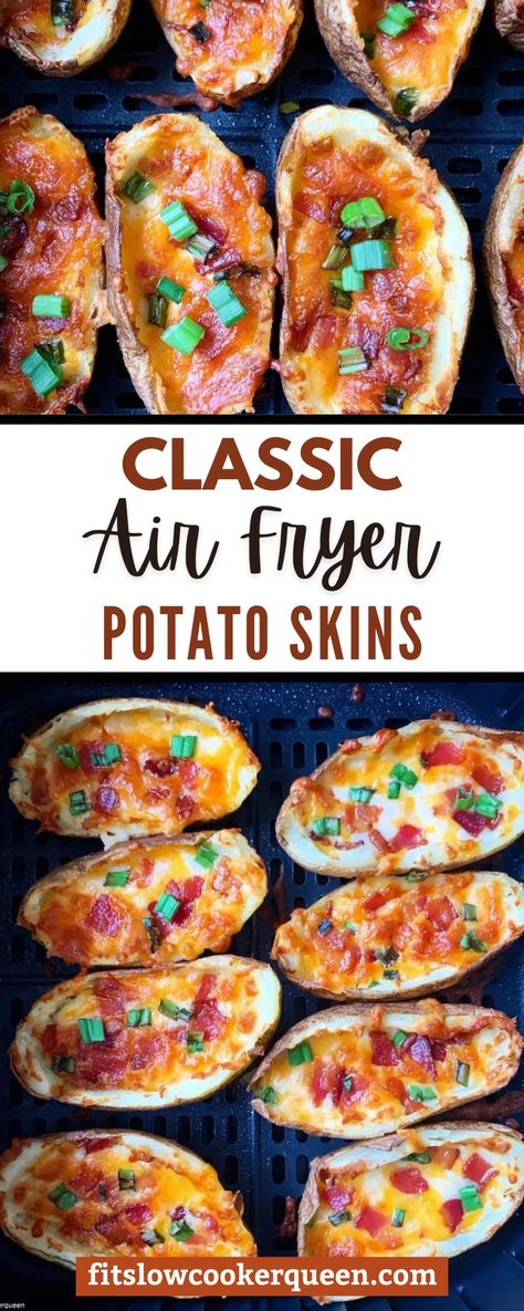 Healthy Potato Skins, Potato Recipe Ideas, Air Fryer Potato Skins, Homemade Potato Skins, Easy Potato Skins Recipe, Air Fryer Recipes Potatoes, Air Fryer Potato, Air Fryer Recipes Snacks, Air Fryer Oven Recipes