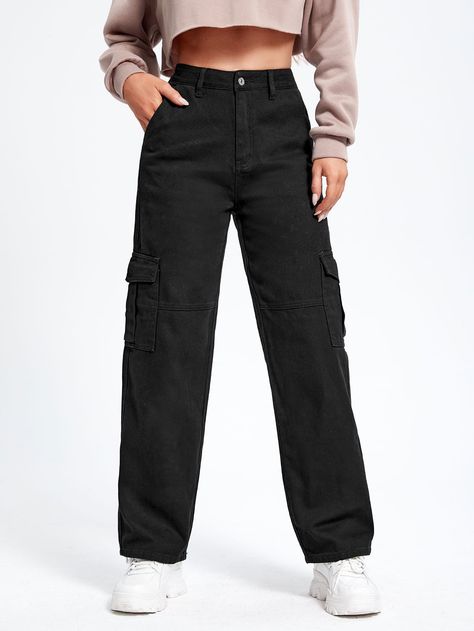 SHEIN EZwear High Waist Flap Pockets Cargo JeansI discovered amazing products on SHEIN.com, come check them out! Cargo Outfit, Outfits Con Jeans, Denim Cargo Pants, Black Jeans Outfit, Trendy Denim, Jeans Cargo, Functional Fashion, Black Cargo Pants, Jeans Mom