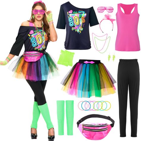 PRICES MAY VARY. Set Includes: The 80s workout costume outfit set includes 1 shirt, 1 top, 1 pair of leggings, 1 tutu skirt, 1 pair of earrings, 1 headband, 2 necklaces, 1 pair of glasses, 1 pair of gloves, 1 bag, 12 bracelets, and 1 pair of leg warmers. Embrace the vibrant and flashy style of the 80s with this fun and colorful costume accessory set. Quality Material: Crafted from 100% polyester, our 80s halloween costume ensures durability and comfort. The neon color adds a touch of nostalgia a Halloween Costumes 80s Workout, 80s Theme Halloween Costume, 80 Halloween Costumes 80s Theme, Decades Halloween Costumes, 80s Dance Outfit, Original Halloween Costumes For Women, Halloween Costumes 80s, 80s Costume Ideas For Women, 80s Attire