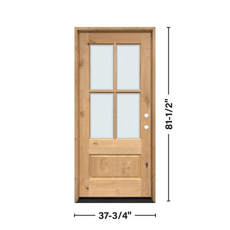 Greatview Doors offers a beautiful unfinished natural knotty alder wood door that would be the perfect addition to give your home an instant upgrade. This 4-lite single door unit comes ready to install and features classic natural knots, as well as clear-beveled TDL glass panels paired with the warmth of knotty alder hardwood. Whether you want a classic entryway or that modern farmhouse look, this door provides timeless appeal to any home. Greatview Doors 36-in x 80-in Wood 3/4 Lite Left-Hand In Single Patio Door Farmhouse, Natural Wood Door Exterior, Wood Front Door White House, Farmhouse Wood Front Door, Wood Door White Trim, Light Wood Front Door, Modern Farmhouse Doors, Wood Doors White Trim, Fromt Doors