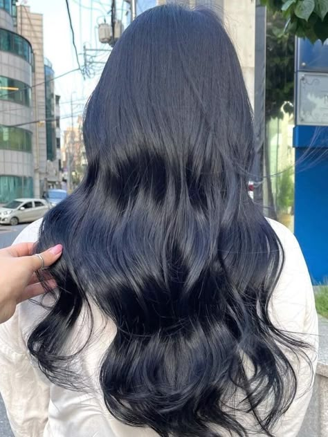 Korean Dark Blue Hair, Black Hair With Hint Of Blue, Colours To Dye Black Hair, New Trend Hair Color 2023, Dark Ash Lavender Hair, All Over Hair Color Ideas For Dark Hair, Very Dark Hair Color Ideas, Korean Hair Color Dark, Cool Black Hair Color