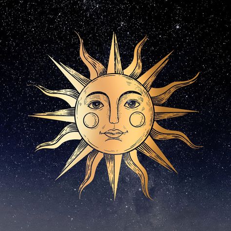 Sol Invictus Tattoo, Gold Sun Painting, Sun Vintage Illustration, Sun Face Drawing, Vintage Sun Art, Sun With A Face, Sticker Overlay, Sun With Face, Greek Sun