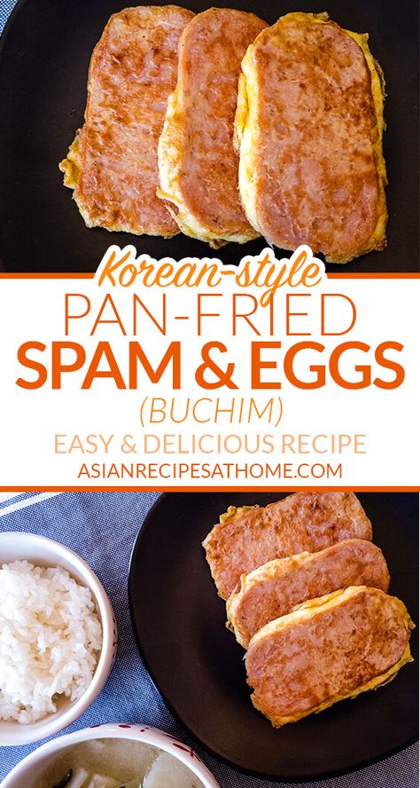 Korean-style Spam & Eggs (Buchim) - Try our Korean-style buchim recipe with Spam slices that are coated in whisked eggs and then pan-fried to a golden brown. Full recipe at AsianRecipesAtHome.com #spamrecipes #easyrecipes #quarantinefood #sidedish #koreanrecipes #koreanfood Spam Dishes Recipes For, Eggs And Spam, Fried Spam And Eggs, Breakfast Ideas With Spam, Air Fried Spam, Spam For Breakfast, Breakfast Spam Recipes, Spam Breakfast Ideas, Meals With Spam