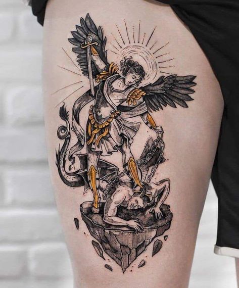 Magical Tattoos, Archangel Michael Tattoo, St Michael Tattoo, Michael Tattoo, Tato Salib, Archangel Tattoo, Shape Tattoo, Angel Tattoo Designs, Religious Tattoos