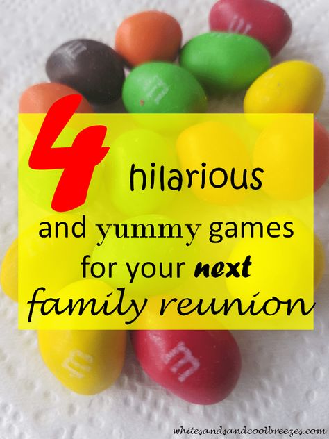 Have a family get together and looking for a way to bring everyone together? Looking for some simple games for family reunions? Check out these 4 hilarious and yummy games for your next family reunion!!! #family #familyfun #familyreunion #games Games For Family Reunion Outdoor, Family Reunion Games For All Ages Indoor, Games To Play At A Family Reunion, Family Reunion Games For Adults, Family Reunion Ice Breaker Games, Family Reunion Crafts For All Ages, Games To Play At Family Gatherings, Large Family Games, Family Get Together Games