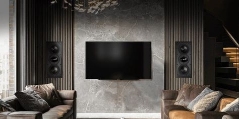 Perlisten In-wall THX Dominus speakers Neutral Winter Decor, Black Porcelain Tiles, Wall Speakers, Houston Interior Designers, Modern Tv Wall, Gold Wall Decor, Room Acoustics, Polished Porcelain Tiles, Modern Crystal Chandelier