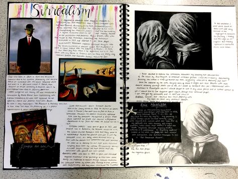 Livvy Coombs A Level Art sketchbook page on Surrealism and Spanish artists - artist research with emulations. @liv.sketchbook on instagram. Gcse Art Sketchbook Movement, Gcse Art Sketchbook Surrealism, Surrealism Gcse Art, Surrealism Research Page, Surrealism Gcse Sketchbook, Spanish A Level, Art History Sketchbook, Organizing Sketchbooks, Artist Reaserch Page A Level