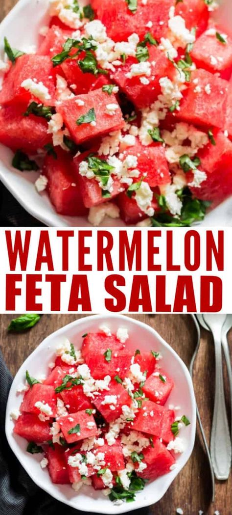 watermelon feta salad in ceramic bowls Watermelon Feta Salad Recipes, Picnic Salad, Feta Salad Recipe, Backyard Bbq Party, Watermelon Feta Salad, Watermelon And Feta, Watermelon Salad, Watermelon Recipes, Feta Salad