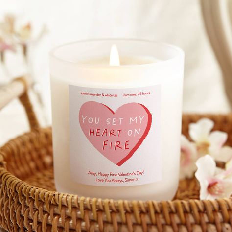 Valentine's Day Gift Heart on Fire Candle Valentine's Day Gift Heart on Fire Candle This beautiful frosted glass candle makes for the perfect Valentine's Day Gift. The soft blush label displays a large illustrated heart featuring the sweet phrase 'You set my heart on fire'. Above the design shows the chosen scent and burn time of the candle and below there is space for your own personalised message. Set in feminine shades of pink and red, this quirky design makes for a fun Valentine's Day Gift f Frosted Glass Candle, Heart On Fire, Fire Candle, Valentine Candles, Vday Gifts, Candle Quotes, Dating Gifts, Coloured Candles, Candle Business