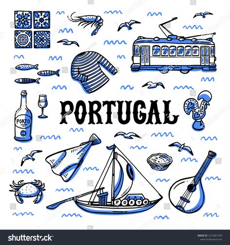 Portugal landmarks set. Handdrawn sketch style vector illustration.set#Handdrawn#Portugal#landmarks Cartoon Map, Boat Vector, Blue Mosaic Tile, Guitar Vector, Patchwork Tiles, Boat Drawing, Tourism Poster, Geometric Vector, Blue Mosaic