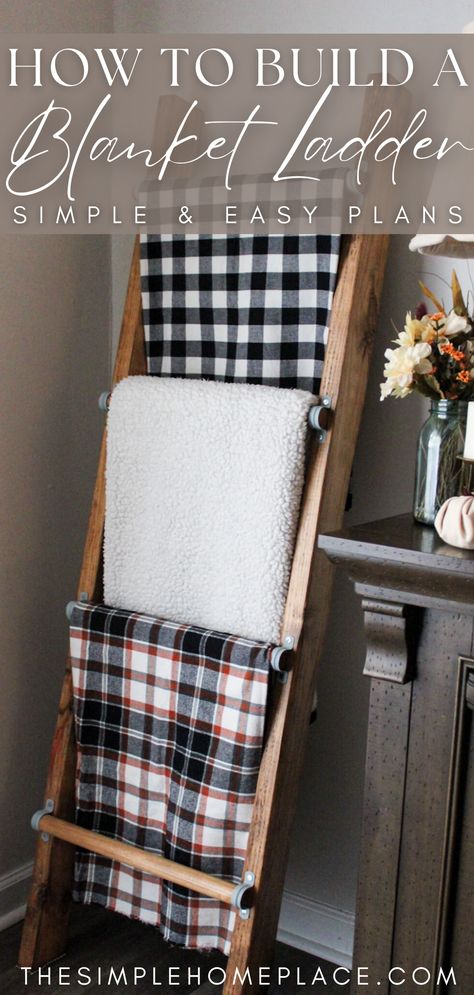 photo of a wooden blanket ladder with one blank and white checkered blanket, a fuzzy white blanket and an orange and black check blanket propped against a wall Diy Blanket Ladder With Dowels, Fireplace Blanket Ladder, Birch Blanket Ladder, Easy Blanket Ladder Diy, Diy Blanket Ladder Plans, Blanket Ladders Diy, How To Make Blanket Ladder, Mini Blanket Ladder, Blanket Ladder Diy How To Build