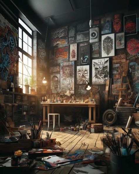 🎨✨ Dive into the Creative Chaos: The Artist's Sanctuary ✨🖌️ Swipe through to step into a world where creativity knows no bounds. This urban art studio, filled with scattered brushes, splattered paint, and walls plastered with dynamic art, is a testament to the untamed spirit of creation. 👀 Every corner tells a story, every canvas holds a rebellion. From the glow of the morning light to the shadows of the evening, this space is alive with the energy of a thousand ideas waiting to burst forth... Messy Art Studio, Study Mood, Splattered Paint, Creative Chaos, Independent Study, Dark Paintings, Study Room Design, Dynamic Art, Messy Art