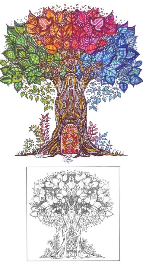 Enchanted Forest Colouring Book, Enchanted Tree Drawing, Colored Pencil Art Projects, Enchanted Forest Coloring Book, Gel Pens Coloring, Johanna Basford Enchanted Forest, Garden Coloring, Enchanted Forest Coloring, Gardens Coloring Book