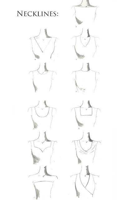 Necklines defined:    A.    Boat or bateau – wide neck with a shallow dip  B.    ‘V’ – neckline forming a sharp ‘V’, straight lines  C.    Rounded ‘V’ – neckline forming a bowed ‘V’, curved lines  D.    Jewel – rounded neckline lying slightly below the bottom point of the hollow  E.    High jewel – rounded neckline at the base of the neck over the hollow  F.    Scoop – simple rounded neckline dipping lower than the jewel neckline  G.    Square – neckline in the shape of three sides of a square Convocation Outfit, Wedding Dress Top Styles, Kitten Heel Boots, Princess Line, Art Resources, Future Wardrobe, Inverted Triangle, Body Form, The Hollow