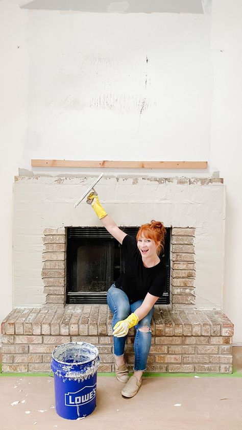 Over Mortar Brick Fireplace, Mortar Smear Fireplace, Repair Brick Fireplace, Cement Over Tile Fireplace, Brick To Concrete Fireplace, Fireplace Mantle On Stone Wall, How To Make Brick Fireplace Look Like Stone, How To Stucco A Fireplace, Faux Stone Over Brick Fireplace