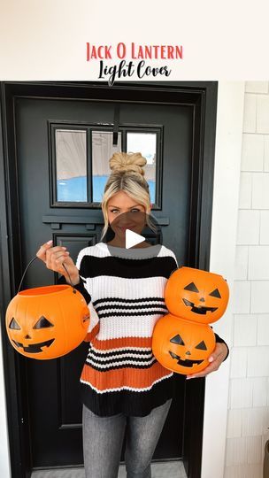 240K views · 25K reactions | Jack O Lantern - Light Cover 🎃🎃

I heard pumpkin pails have returned to Walmart in stores! I haven’t been to my local Walmart in a while, but that is the word on the street 🎃 Sharing this fun and easy way to add a fun Halloween touch outdoor or indoor! All you need is a box cutter and a pumpkin pail. 

As you can see I put this over the lantern, so the glass is protecting the plastic from the direct heat of the bulb. I would not recommend putting these over bulbs without the glass protection!!! 
 
P.S. for this tutorial you just cut out the bottom of the pail and a strip right down the middle of the back. Cute & easy!!!! 

Happy Sayurday! | Cherish Larsen - Seasonal/Holiday Favorites! | The Cramps · Goo Goo Muck Pumpkin Pails Ideas, Pumpkin Pail Crafts, Cherish Larsen, Halloween Porch Lights, Halloween Light Decorations, Goo Goo Muck, Halloween Lanterns Diy, Jack O Lantern Decorations, Porch Light Covers