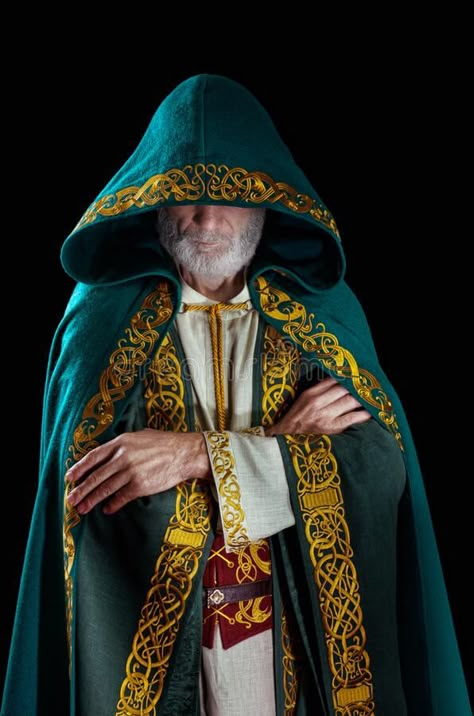 The Wise Old Wizard Wearing A Hooded Cloak Stock Image - Image of portrait, merry: 209534981 Wizard Cloak Drawing, Wizard Robes Concept Art, Wizard Robes Aesthetic, Wizards Cloak, Wizard Clothing, Hooded Wizard, Celtic Cloak, Wizard Drawings, Wizard Cloak