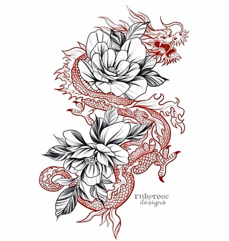 Dragon Tattoo For Women Japanese, Dragon With Chrysanthemum Tattoo, Red Dragon Flower Tattoo, Dragons With Flowers, Floral Dragon Tattoo Sleeve, Japanese Dragon And Flowers Tattoo, Japanese Dragon With Flowers, Red Dragon With Flowers Tattoo, Dragon With Peonies Tattoo