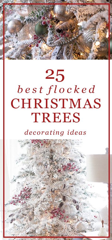 Flocked Trees Decorated, Flocked Christmas Tree Ideas, Pencil Trees Decorating Ideas, Antler Christmas Tree, White Flocked Christmas Tree, White Xmas Tree, Christmas Trees Decorated, Frosted Christmas Tree, Flocked Christmas Tree