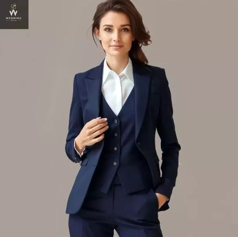 Navy Blue Three Piece Suit for Women | eBay Masculine Women Wedding Attire, Navy Blue Women Suit, Women Navy Suit, Blue Suit Women Outfit, Female Wedding Suit, Dark Blue Suit Wedding, Blue Suit Women, Pinstripe Suit Women, Business Suit For Women