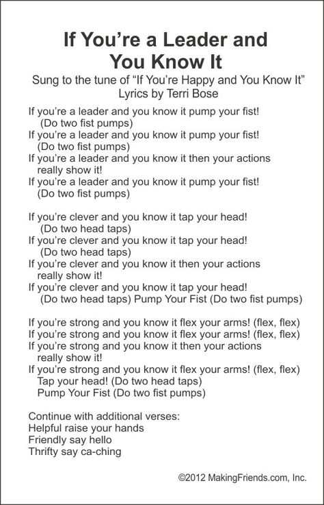 New Song -- If You're a Leader and You Know It --  Free printable From MakingFriends.com Girl Scout Camp Songs, Girl Scout Songs, Brownie Scouts, Campfire Songs, Camp Games, Camp Songs, Scout Camp, Girl Scout Activities, Girl Scout Camping