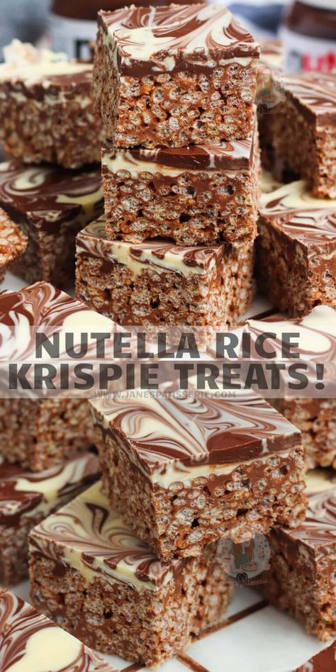 Nutella Rice Krispie Treats! - Jane's Patisserie Nutella Rice Krispie Treats, Janes Patisserie, Krispie Treats Recipe, Tray Bake Recipes, Krispy Treats, Cereal Treats, Rice Krispy, Nutella Recipes, Rice Krispie Treats