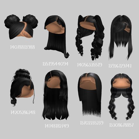 Black Hair Id Roblox, Blocksburg Outfit Codes￼, Hair Roblox, Hair Codes, Y2k Hair, Black Hair Roblox, Bratz Inspired Outfits, Siluete Umane, Aesthetic Roblox Royale High Outfits