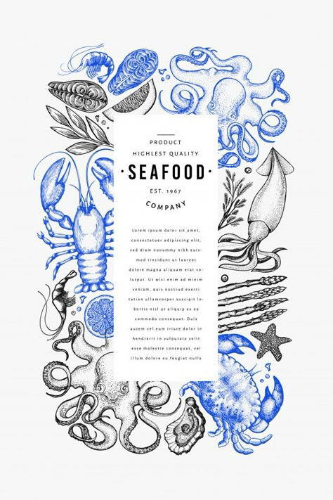 Seafood Design, Seafood Art, Banner Frame, Menu Design Inspiration, Menue Design, Seafood Menu, Fish And Chip Shop, Logo Banner, Food Graphic Design